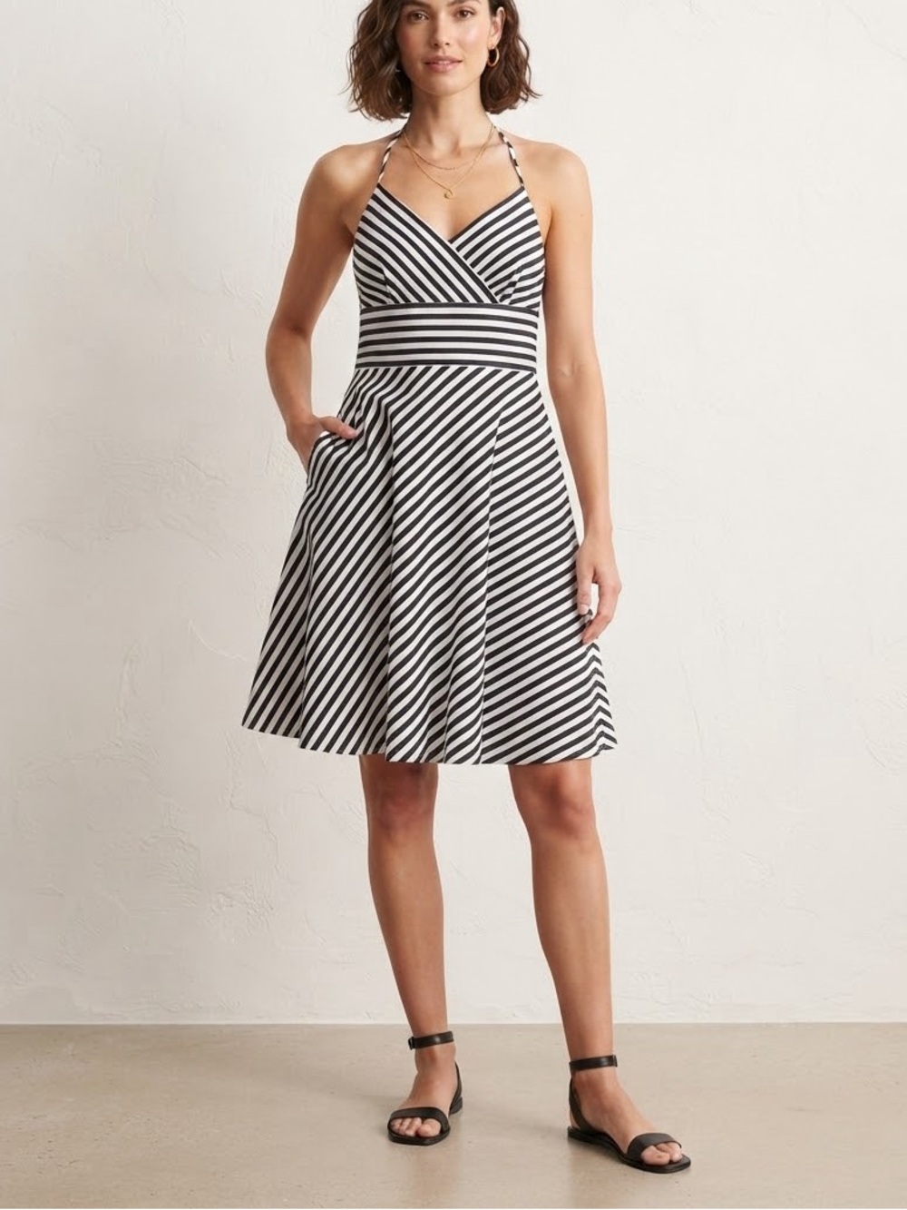 Black & White Striped Halter Midi Dress
